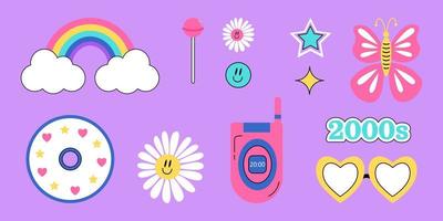 2000 psychedelic set stickers. Trippy daisies, rainbow, smile, lollypop, stars, butterfly, compact disc, mobile phone, glasses on purple background. Y2k vibes elements. Cartoon vector illustration.