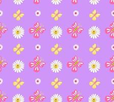 Y2k groovy pattern. Trippy smiley daisies and pink and yellow butterflies on a purple background. 2000s vibes elements. Cartoon hand drawn vector illustration.