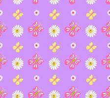 Y2k groovy pattern. Trippy smiley daisies and pink and yellow butterflies on a purple background. 2000s vibes elements. Cartoon hand drawn vector illustration.