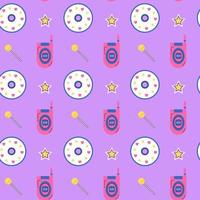 Y2k old mobile groovy pattern. Old pink mobile phone, yellow lollipop, compact disc, star on purple background. 2000s retro pattern. Template for design. Vector illustration in flat style.