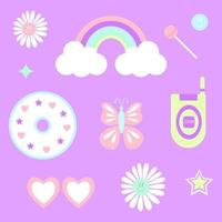 2000 psychedelic set stickers. Trippy daisies, rainbow, lollypop, butterfly, compact disc, mobile phone, glasses, stars on purple background. Y2k vibes elements. Cartoon vector illustration.
