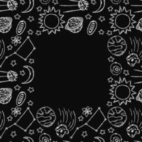 Seamless space pattern with place for text. Cosmos background. Doodle vector space illustration with planets, comet, stars, moon, sun and black hole