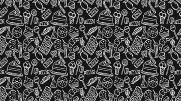Horizontal seamless pattern with sweets. Doodle vector with sweets icons on black background. Vintage sweets illustration