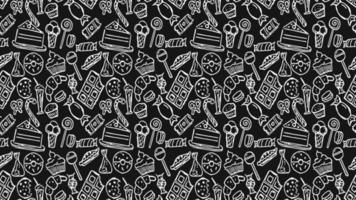 Horizontal seamless pattern with sweets. Doodle vector with sweets icons on black background. Vintage sweets illustration