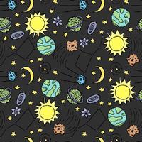 Seamless space pattern. Cosmos background. Doodle vector space illustration with planets, comet, stars, moon, sun and black hole