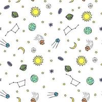 Seamless space pattern. Cosmos background. Doodle vector space illustration with planets, comet, stars, moon, sun and black hole