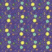 Seamless space pattern. Cosmos background. Doodle vector space illustration with planets, comet, stars, moon, sun and black hole