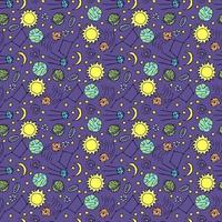 Seamless space pattern. Cosmos background. Doodle vector space illustration with planets, comet, stars, moon, sun and black hole