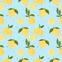 Vector seamless pattern with lemons and leaves. On a blue background