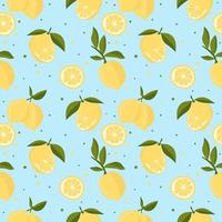 Vector seamless pattern with lemons and leaves. On a blue background