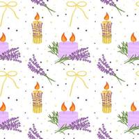 patrón impecable con flores de lavanda, velas con lavanda. estampado de flores, ilustración vectorial vector