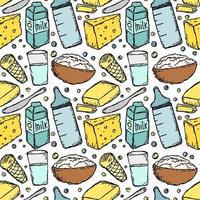 patrón de producción de leche sin fisuras. ilustración de fideos vectoriales con icono de productos lácteos. patrón con comida de leche vector