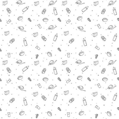Vector seamless pattern with baby feeding goods on white