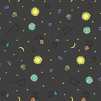 Seamless space pattern. Cosmos background. Doodle vector space illustration with planets, comet, stars, moon, sun and black hole