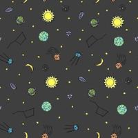 Seamless space pattern. Cosmos background. Doodle vector space illustration with planets, comet, stars, moon, sun and black hole