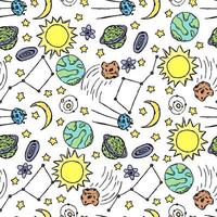 Seamless space pattern. Cosmos background. Doodle vector space illustration with planets, comet, stars, moon, sun and black hole