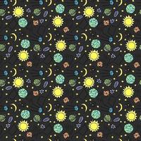 Seamless space pattern. Cosmos background. Doodle vector space illustration with planets, comet, stars, moon, sun and black hole
