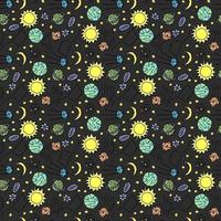 Seamless space pattern. Cosmos background. Doodle vector space illustration with planets, comet, stars, moon, sun and black hole