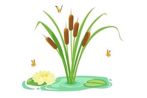 Lake reeds with water lilies and butterflies. Pond with marsh vegetation. vector
