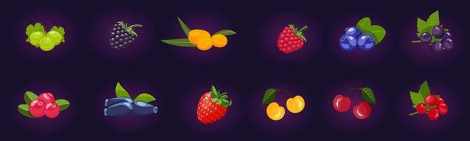 Fruit glowing for slot on dark blue background. Set of bright game elements in form of berries.