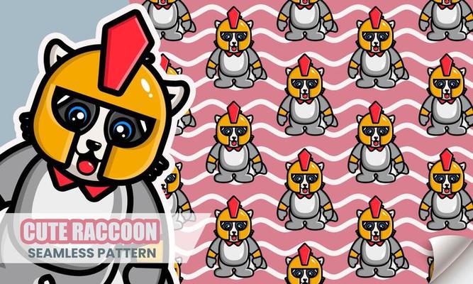 Cute raccoon gladiator seamless pattern