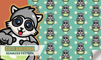 Cute raccoon operating laptop seamless pattern vector