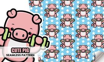 Cute pig lifting weights seamless pattern vector