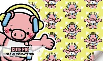 Cute pig listening music with headphone seamless pattern vector
