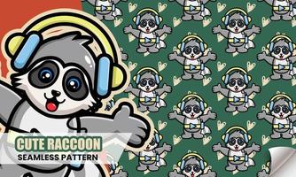 Cute raccoon listening music with headphone seamless pattern vector