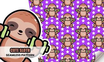 Cute sloth lifting weights seamless pattern vector