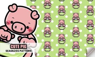 Cute pig operating laptop seamless pattern vector