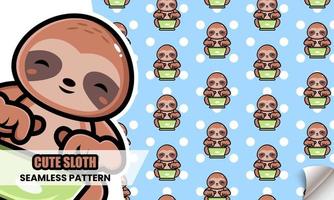 Cute sloth operating laptop seamless pattern vector