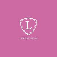 L Letter Intial logo design template. Luxury silver decorative floral shield illustration. Isolated on pink color background. Suitable for Insurance, fashion and beauty product. vector