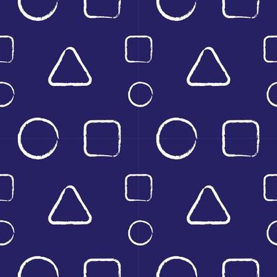 Rounded Triangle, Square and Ellipse Outline Shape Ornament. Abstract Seamless Pattern Design Template. Brush Vector Illustration. Blue and White Color Theme.