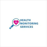 Health monitoring services logo design template isolated on white background. Magnifying glass and Heart shape with pulse vector illustration.. Bright blue and pink magenta color theme.