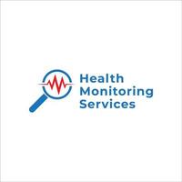 plantilla de diseño de logotipo de servicios de monitorización de salud aislada sobre fondo de color blanco. lupa azul e ilustración de vector de pulso rojo.