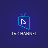 Online TV Channel Logo on Dark Blue Background. Monoline Logo Design Template with Television and Play Button Shape. Light Blue and White Color Theme vector