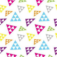 Colorful Abstract Triangles Shape Ornament . Falling Triangular Geometric Seamless Pattern Design Template. Yellow, Orange, Green, Light Blue, Pink Magenta And White Color Theme. vector