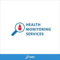 Health monitoring services logo design template. Magnifying glass and Blood drop shape with pulse vector illustration isolated on white background. Bright blue and red color theme.