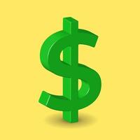 3D Vector illustration of green dollar sign isolated in yellow color background. American currency symbol.