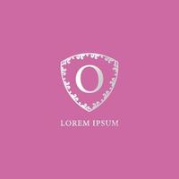 O Letter Intial logo design template. Isolated on pink color background. Luxury silver decorative floral shield illustration. Suitable for Insurance, fashion and beauty product. vector