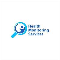 Health monitoring services logo design template isolated on white background. Magnifying glass with abstract people shape vector illustration. Bright blue color theme.