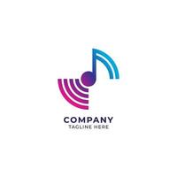 Colorful musical note with signal wave. Music and Technology logo concept. Blue pink and purple color gradient. Vector illustration isolated on white color background.