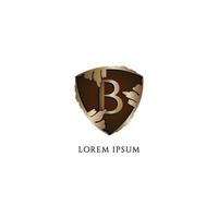 Letter B alphabet logo design template. Luxury Decorative metallic gold shield sign illustration. Initial abjad logo concept isolated on white background vector