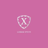 X Letter Intial logo design template Isolated on pink color background. Luxury silver decorative floral shield illustration. Suitable for Insurance, fashion and beauty product. vector