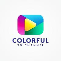 Ilustración de vector de botón de reproducción colorido. millennials, concepto de logotipo de canal de televisión gen z aislado en fondo blanco. Gradiente de color púrpura azul, amarillo, verde, rosa, magenta.