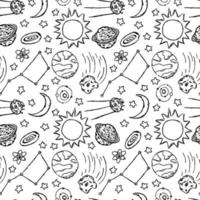 Seamless space pattern. Cosmos background. Doodle vector space illustration with planets, comet, stars, moon, sun and black hole