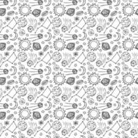 Seamless space pattern. Cosmos background. Doodle vector space illustration with planets, comet, stars, moon, sun and black hole