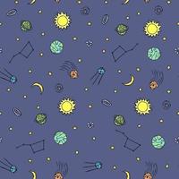 Seamless space pattern. Cosmos background. Doodle vector space illustration with planets, comet, stars, moon, sun and black hole