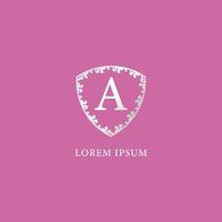 A Letter Intial logo design template. Luxury silver decorative floral shield illustration isolated pink color background. Suitable for Insurance, fashion and beauty product vector